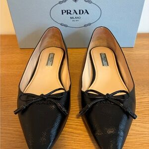 Prada Glossed Black Saffiano Flats with Bow